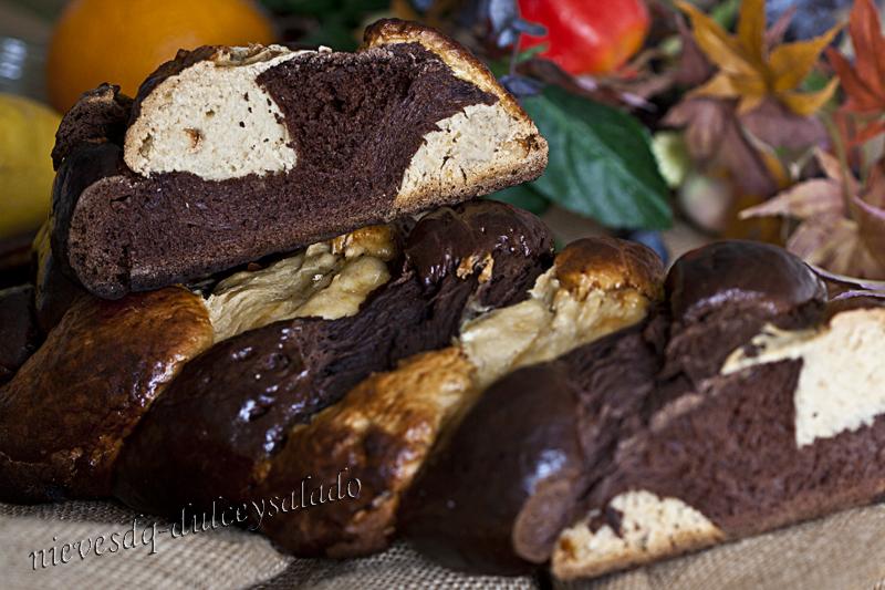 TRENZA DE PAN DE CUATRO CABOS Y DE DOS COLORES (CHOCOLATE Y CITRICOS CONFITADOS)