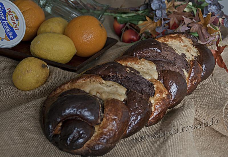 TRENZA DE PAN DE CUATRO CABOS Y DE DOS COLORES (CHOCOLATE Y CITRICOS CONFITADOS)