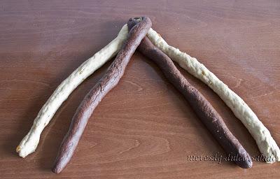 TRENZA DE PAN DE CUATRO CABOS Y DE DOS COLORES (CHOCOLATE Y CITRICOS CONFITADOS)