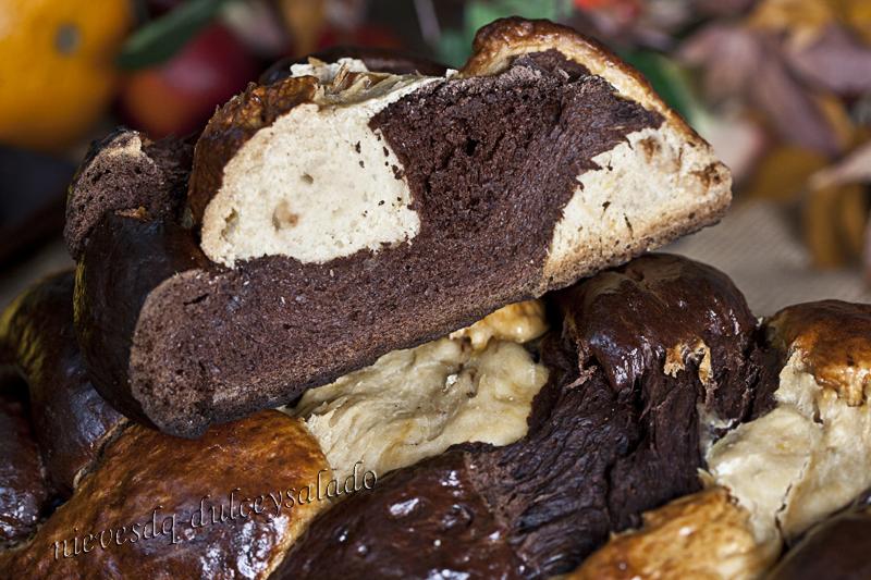 TRENZA DE PAN DE CUATRO CABOS Y DE DOS COLORES (CHOCOLATE Y CITRICOS CONFITADOS)