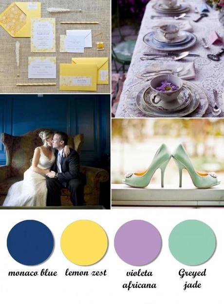 Colour board. Monaco blue, lemon zest, african violet, greyed jade.