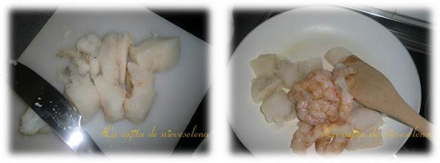 Pastel de rape y gambones en microondas