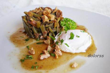 Judías verdes y habas con huevo poché y foie micuit (olla rápida)