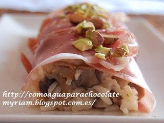 CANELONES DE JAMÓN CON ARROZ Y SETAS.