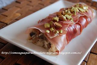 CANELONES DE JAMÓN CON ARROZ Y SETAS.