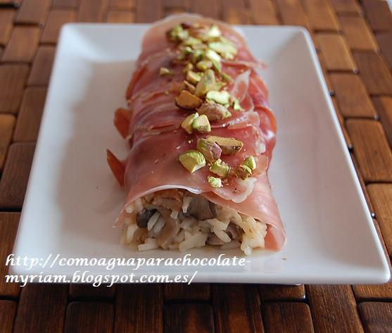CANELONES DE JAMÓN CON ARROZ Y SETAS.