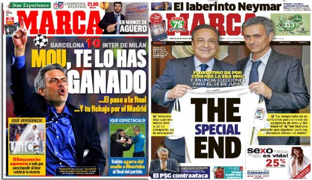 Mourinho, ayer y hoy, según las portadas del diario Marca