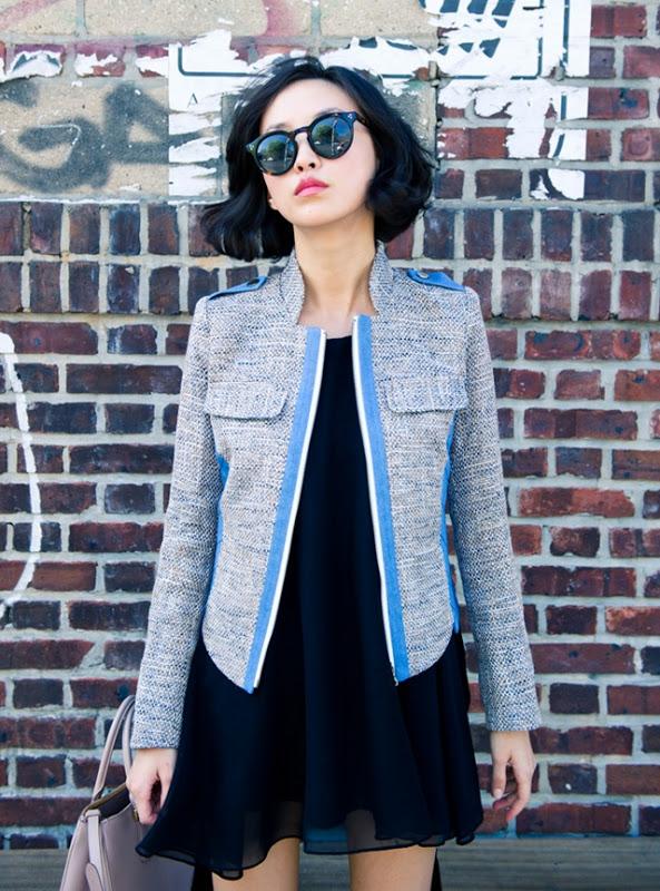 misspouty blog prada saffiano tote pink black cape dress denim tweed blazer giuseppe zanotti bow sandals street style fashion blogger hermes bracelet  02