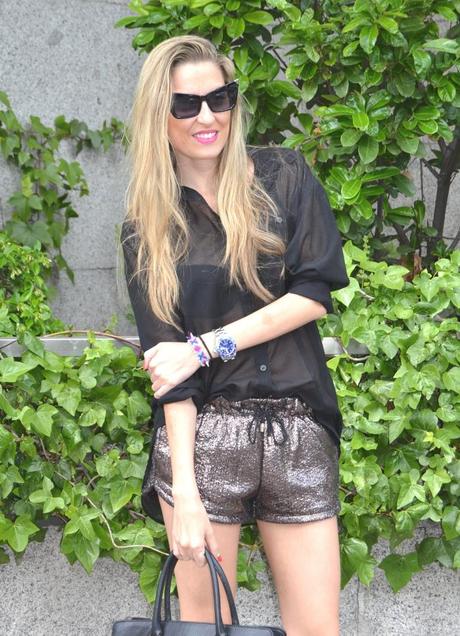 Silver shorts and black shirt