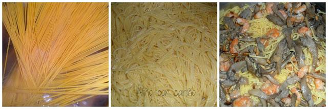 ESPAGUETIS DE MAIZ CON GAMBAS, SETAS Y PIÑONES (APTO PARA CELÍACOS)