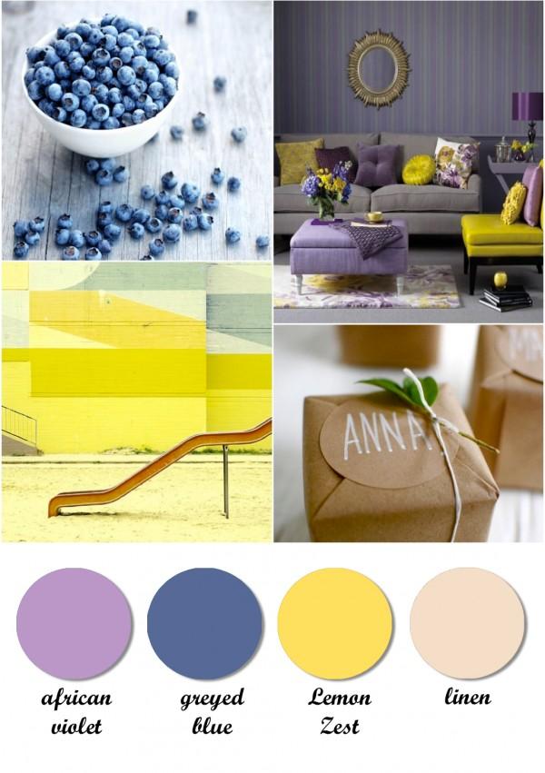 Colour board. African violet, greyed blue, lemon zest, linen