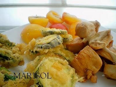 Tempura de verduras  + albaricoques plancha y pollo con soja