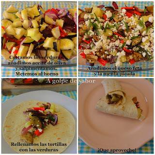 Burritos de verduras asadas y queso feta