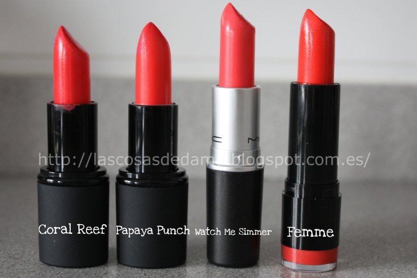 ¿Es o no es?: Watch Me Simmer de Mac vs Coral Reef de Sleek - Papaya Punch de Sleek - Femme de Nyx