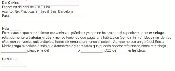 La respuesta ejemplar de un joven a una oferta de prácticas sin remunerar