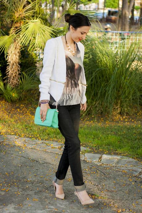 White Blazer And Mint Clutch