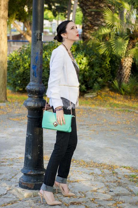 White Blazer And Mint Clutch