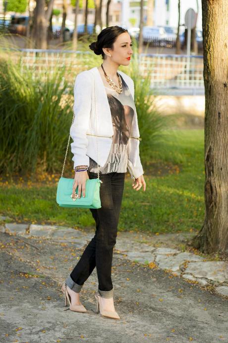 White Blazer And Mint Clutch