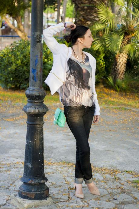 White Blazer And Mint Clutch