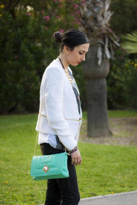 White Blazer And Mint Clutch