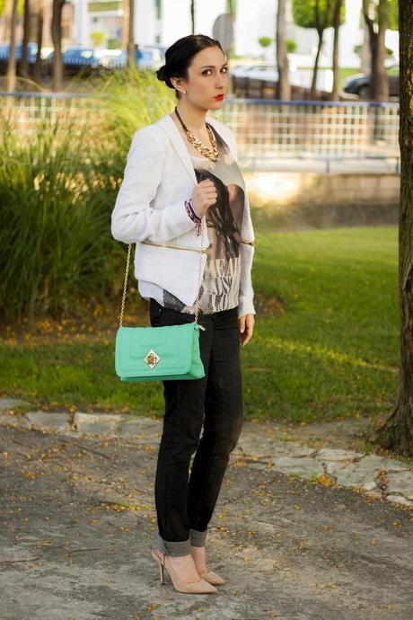 White Blazer And Mint Clutch
