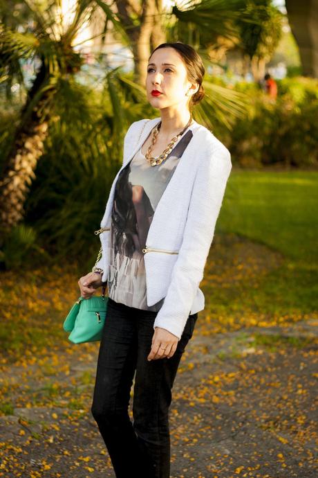 White Blazer And Mint Clutch