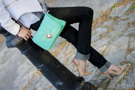 White Blazer And Mint Clutch