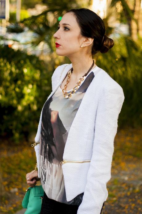 White Blazer And Mint Clutch