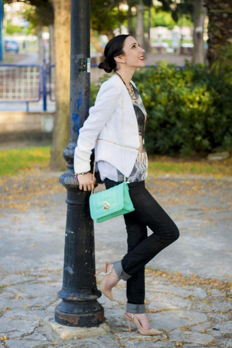 White Blazer And Mint Clutch