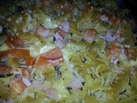 Pasta con jamón y champiñon confitado