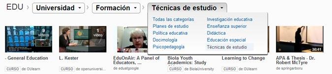 Ejemplo de búsqueda de cursos online en Youtube Edu, dentro de universidad, formación, técnicas de estudio