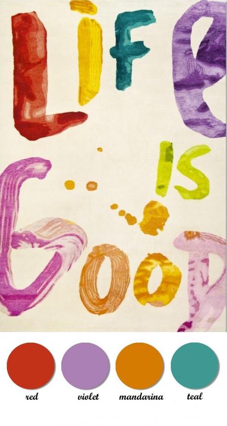 Colour board. red, teal, violet, tangerine