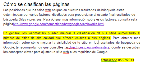 clasificacion paginas google