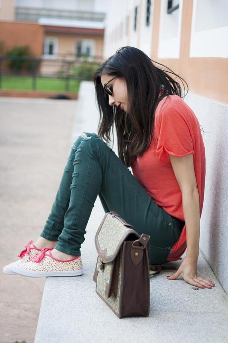 Floral Sneakers And Coral T-Shirt