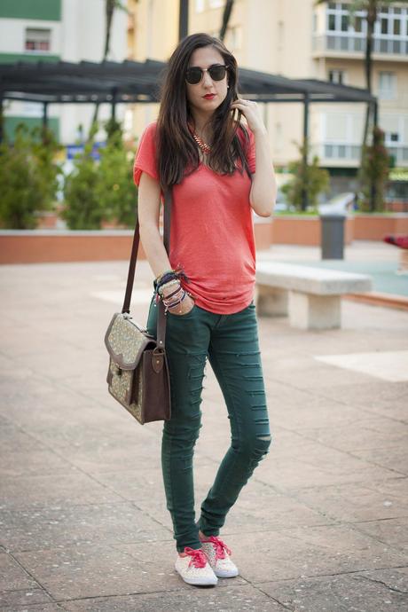 Floral Sneakers And Coral T-Shirt