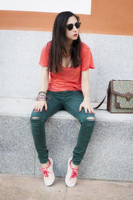 Floral Sneakers And Coral T-Shirt