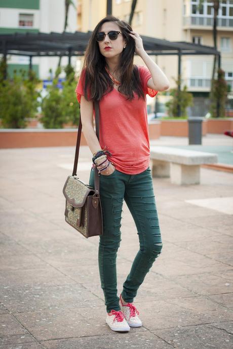 Floral Sneakers And Coral T-Shirt