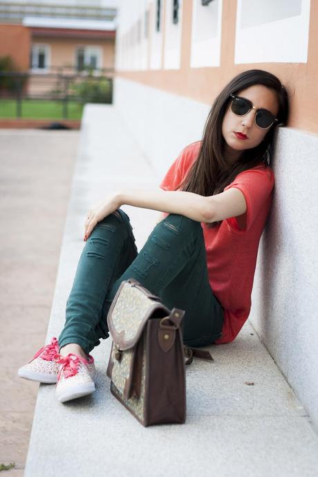 Floral Sneakers And Coral T-Shirt