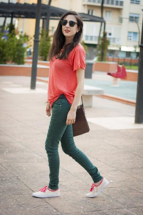 Floral Sneakers And Coral T-Shirt