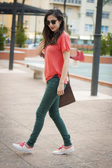 Floral Sneakers And Coral T-Shirt