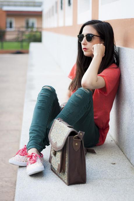Floral Sneakers And Coral T-Shirt