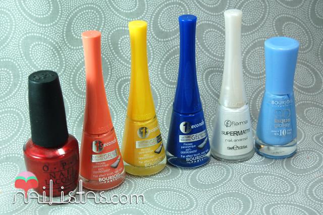 Affair in Red Square de O.P.I, Méli Melon, Sunny Sunday, In the Navy de Bourjois, blanco de Flormar y Adora-Bleu de Bourjois 