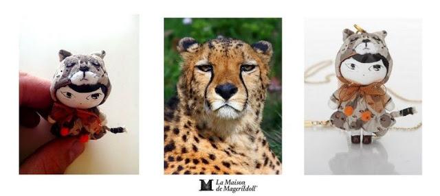 Una muñeca broche y collar vestida de guepardo: Mageritdoll