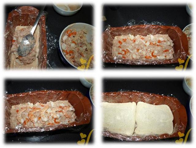 Pastel de pan de molde con atún y langostinos