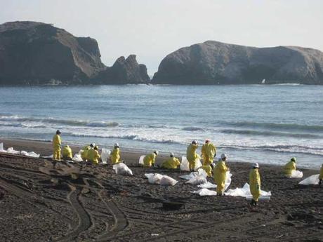limpieza de derrame de petróleo en una playa