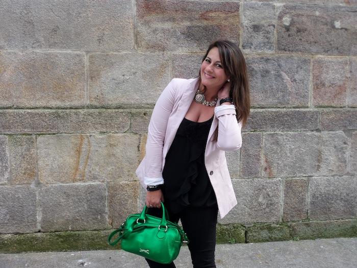 Black & pink & metallic green bag