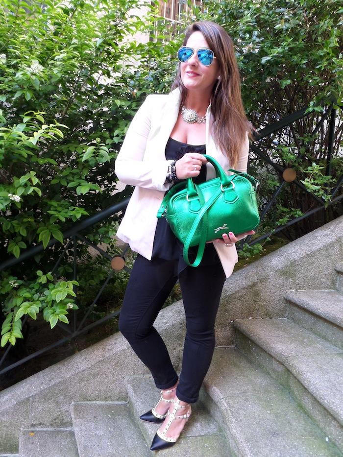 Black & pink & metallic green bag