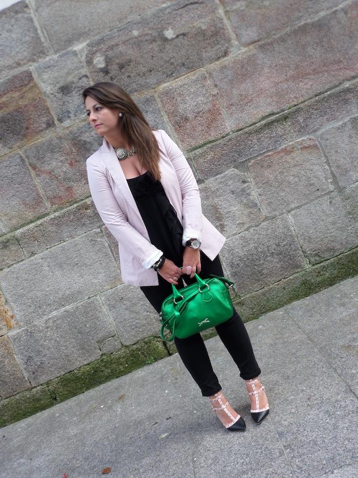 Black & pink & metallic green bag
