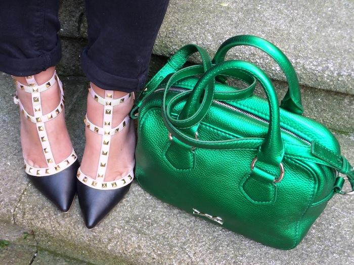 Black & pink & metallic green bag