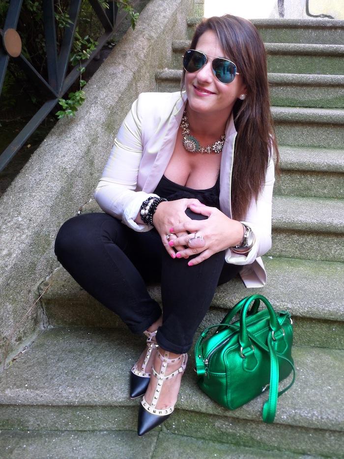 Black & pink & metallic green bag